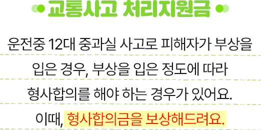 교통사고 처리지원금 - 운전중 12대 중과실 사고로 피해자가 부상을 입은 경우, 부상을 입은 정도에 따라 형사합의를 해야 하는 경우가 있어요. 이때, 형사합의금을 보상해드려요.