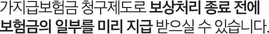 가지급보험금 청구제도로 보상처리 종료 전에 보험금의 일부를 미리 지급 받으실 수 있습니다.