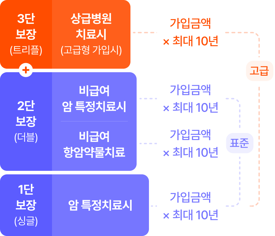3단 보장 (트리플) 상급병원 치료시
                                * 고급형 가입시 * 고급형 가입시 가입금액 X 최대 10년 | 2단 보장 (더블) 비급여 암 치료시 가입금액 X 최대 10년 비급여 항암약물치료 가입금액 X 최대 10년 | 1단 보장 (싱글) 암 특정치료시 가입금액 X 최대 10년